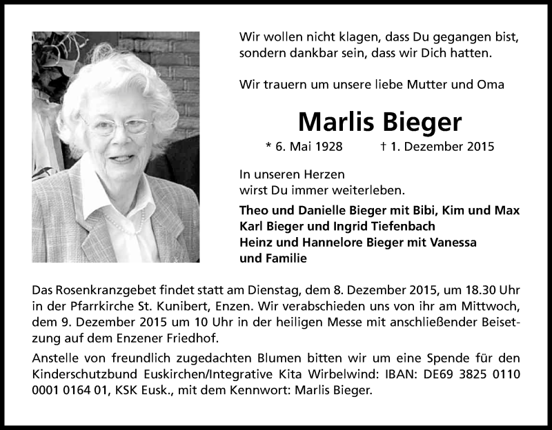  Traueranzeige für Marlis Bieger vom 05.12.2015 aus Kölner Stadt-Anzeiger / Kölnische Rundschau / Express