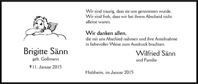  Traueranzeige für Brigitte Sänn vom 31.01.2015 aus Kölner Stadt-Anzeiger / Kölnische Rundschau / Express
