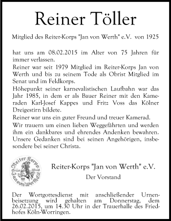 Anzeige von Reiner Töller von Kölner Stadt-Anzeiger / Kölnische Rundschau / Express