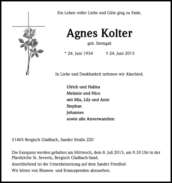 Anzeige von Agnes Kolter von Kölner Stadt-Anzeiger / Kölnische Rundschau / Express