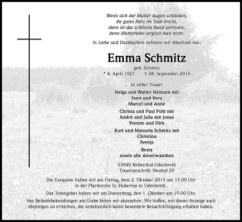 Anzeige von Emma Schmitz von Kölner Stadt-Anzeiger / Kölnische Rundschau / Express