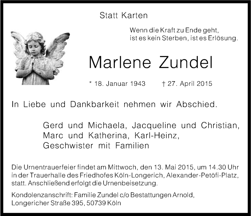  Traueranzeige für Marlene Zundel vom 09.05.2015 aus Kölner Stadt-Anzeiger / Kölnische Rundschau / Express
