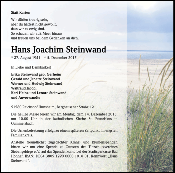 Anzeige von Hans Joachim Steinwand von Kölner Stadt-Anzeiger / Kölnische Rundschau / Express
