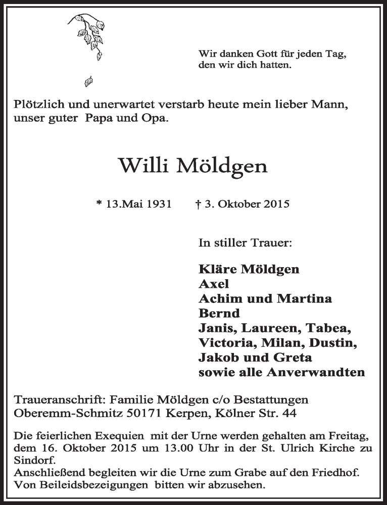  Traueranzeige für Willi Möldgen vom 10.10.2015 aus  Sonntags-Post 