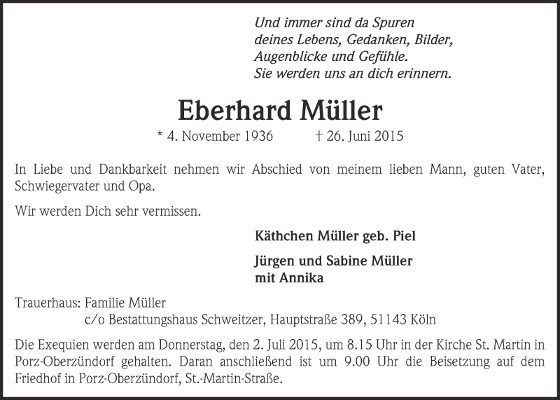  Traueranzeige für Eberhard Müller vom 01.07.2015 aus  Kölner Wochenspiegel 