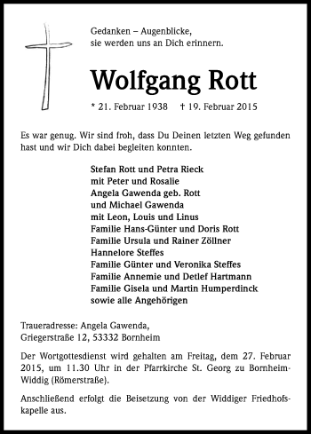 Anzeige von Wolfgang Rott von Kölner Stadt-Anzeiger / Kölnische Rundschau / Express