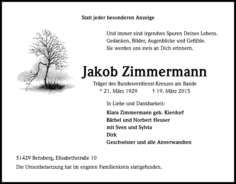  Traueranzeige für Jakob Zimmermann vom 31.03.2015 aus Kölner Stadt-Anzeiger / Kölnische Rundschau / Express