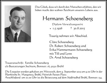Anzeige von Hermann Schoeneberg von Kölner Stadt-Anzeiger / Kölnische Rundschau / Express