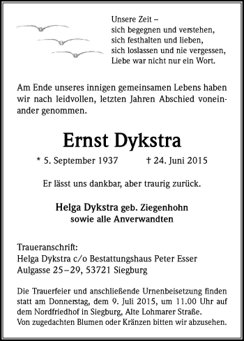 Anzeige von Ernst Dykstra von Kölner Stadt-Anzeiger / Kölnische Rundschau / Express