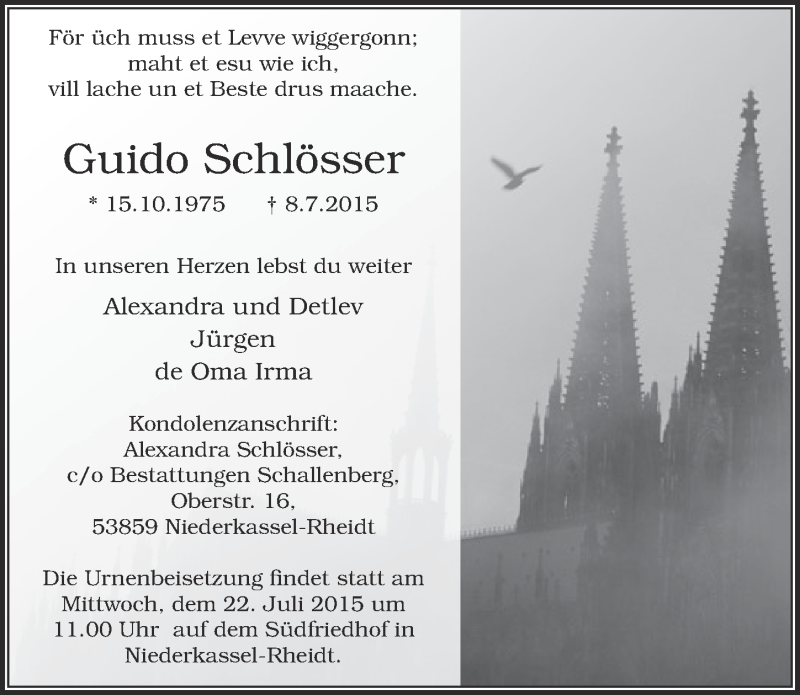  Traueranzeige für Guido Schlösser vom 18.07.2015 aus  Rhein-Sieg-Wochenende 
