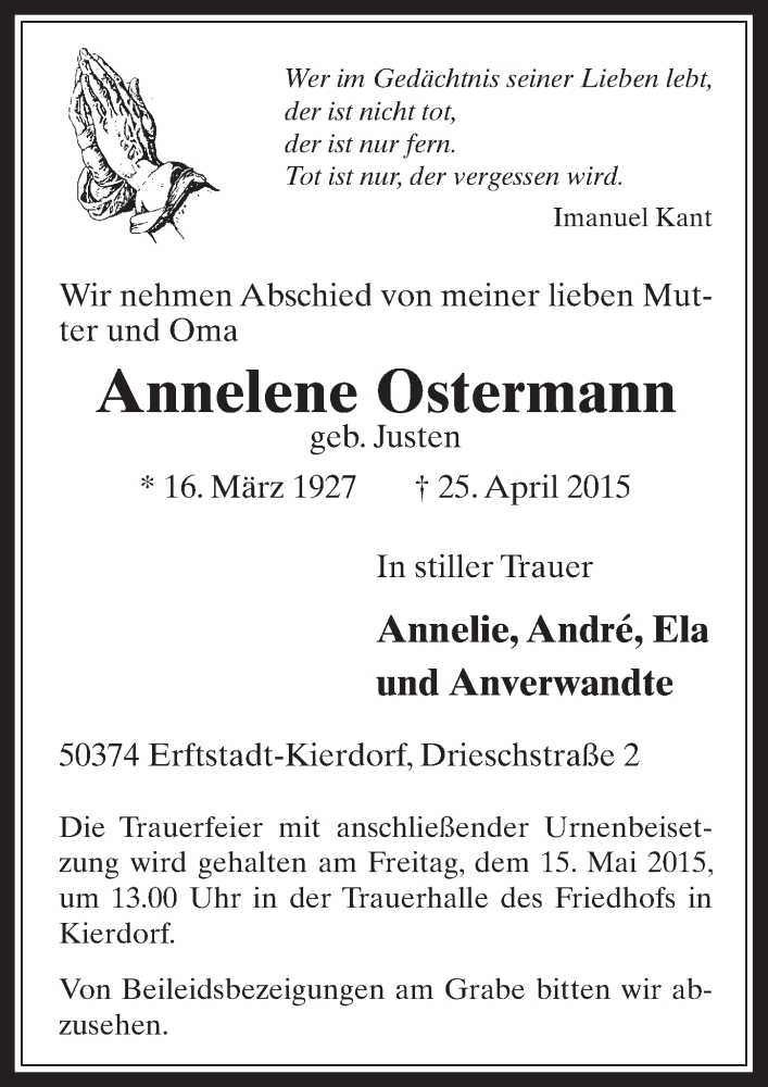  Traueranzeige für Annelene Ostermann vom 13.05.2015 aus  Werbepost 