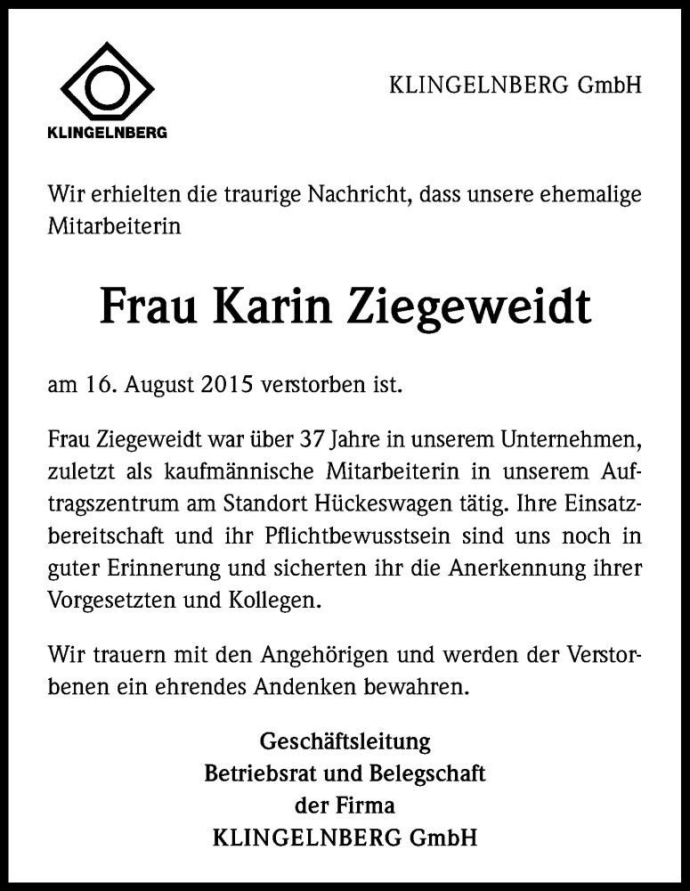  Traueranzeige für Karin Ziegeweidt vom 24.08.2015 aus Kölner Stadt-Anzeiger / Kölnische Rundschau / Express