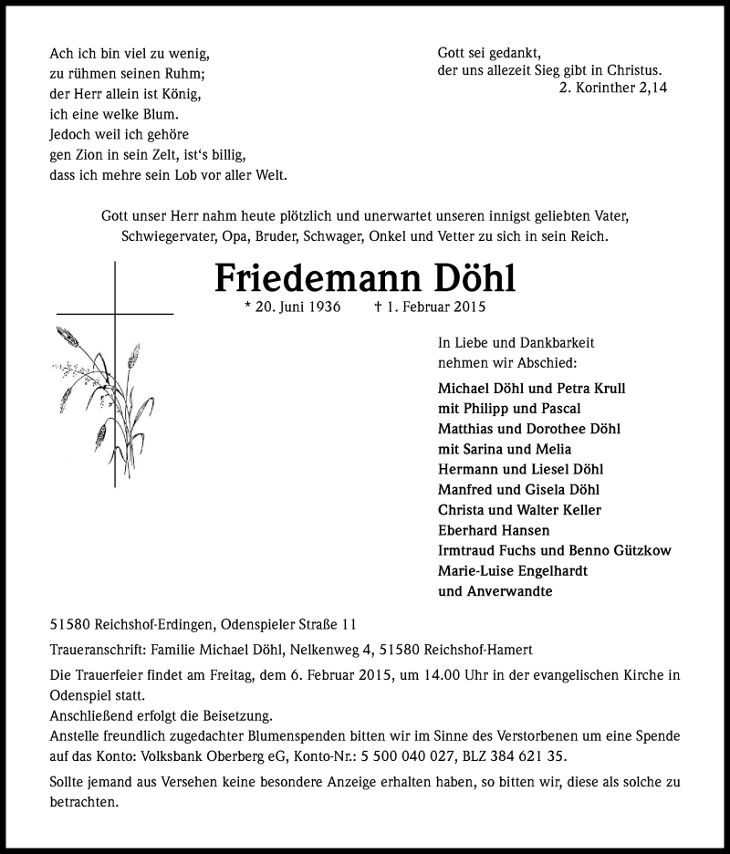  Traueranzeige für Friedemann Döhl vom 03.02.2015 aus Kölner Stadt-Anzeiger / Kölnische Rundschau / Express