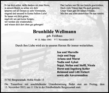 Anzeige von Brunhilde Wellmann von Kölner Stadt-Anzeiger / Kölnische Rundschau / Express