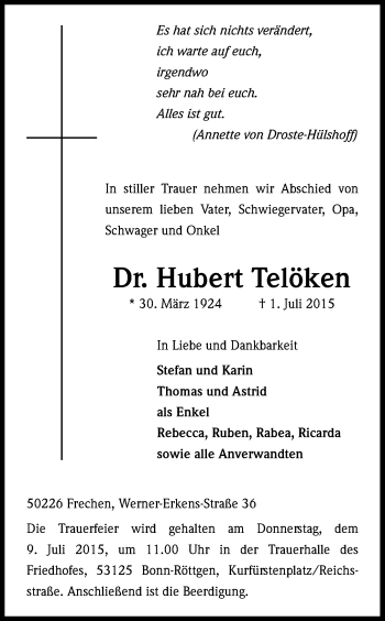 Anzeige von Hubert Telöken von Kölner Stadt-Anzeiger / Kölnische Rundschau / Express