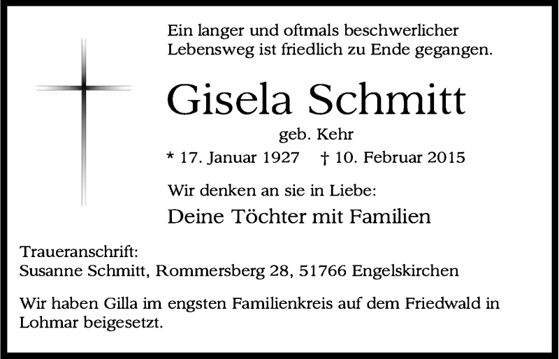  Traueranzeige für Gisela Schmitt vom 14.03.2015 aus Kölner Stadt-Anzeiger / Kölnische Rundschau / Express