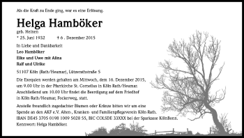 Anzeige von Helga Hamböker von Kölner Stadt-Anzeiger / Kölnische Rundschau / Express