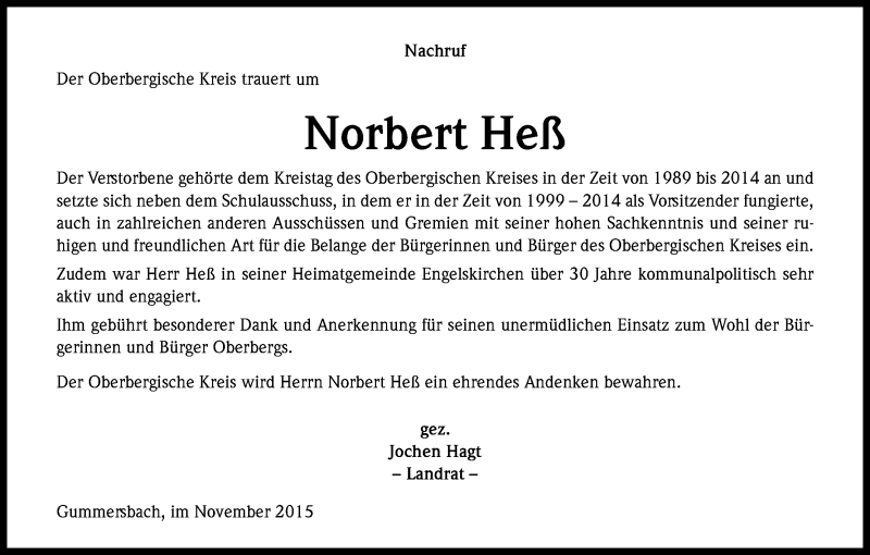  Traueranzeige für Norbert Heß vom 14.11.2015 aus Köln - Wir Trauern