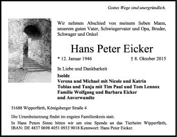 Anzeige von Hans Peter Eicker von Kölner Stadt-Anzeiger / Kölnische Rundschau / Express