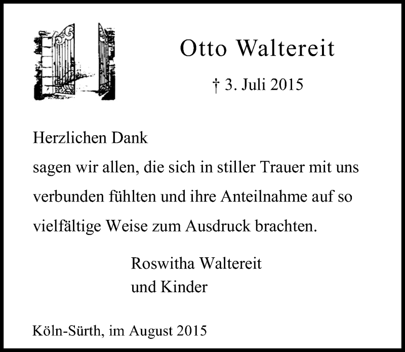  Traueranzeige für Otto Waltereit vom 05.08.2015 aus  Kölner Wochenspiegel 