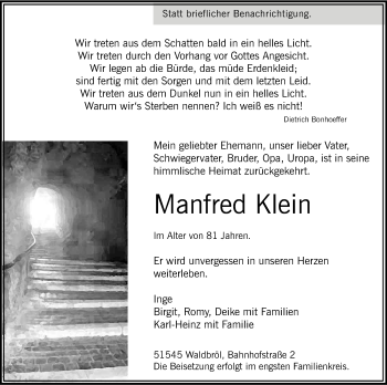 Anzeige von Manfred Klein von Kölner Stadt-Anzeiger / Kölnische Rundschau / Express