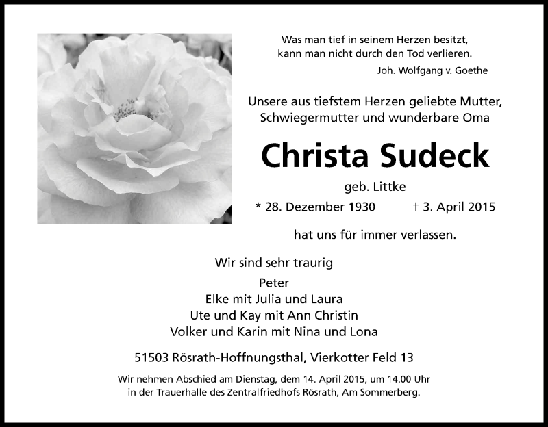  Traueranzeige für Christa Sudeck vom 10.04.2015 aus Kölner Stadt-Anzeiger / Kölnische Rundschau / Express