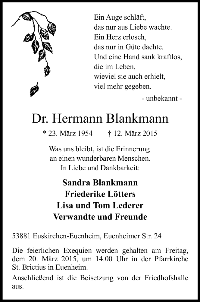  Traueranzeige für Hermann Blankmann vom 17.03.2015 aus Kölner Stadt-Anzeiger / Kölnische Rundschau / Express