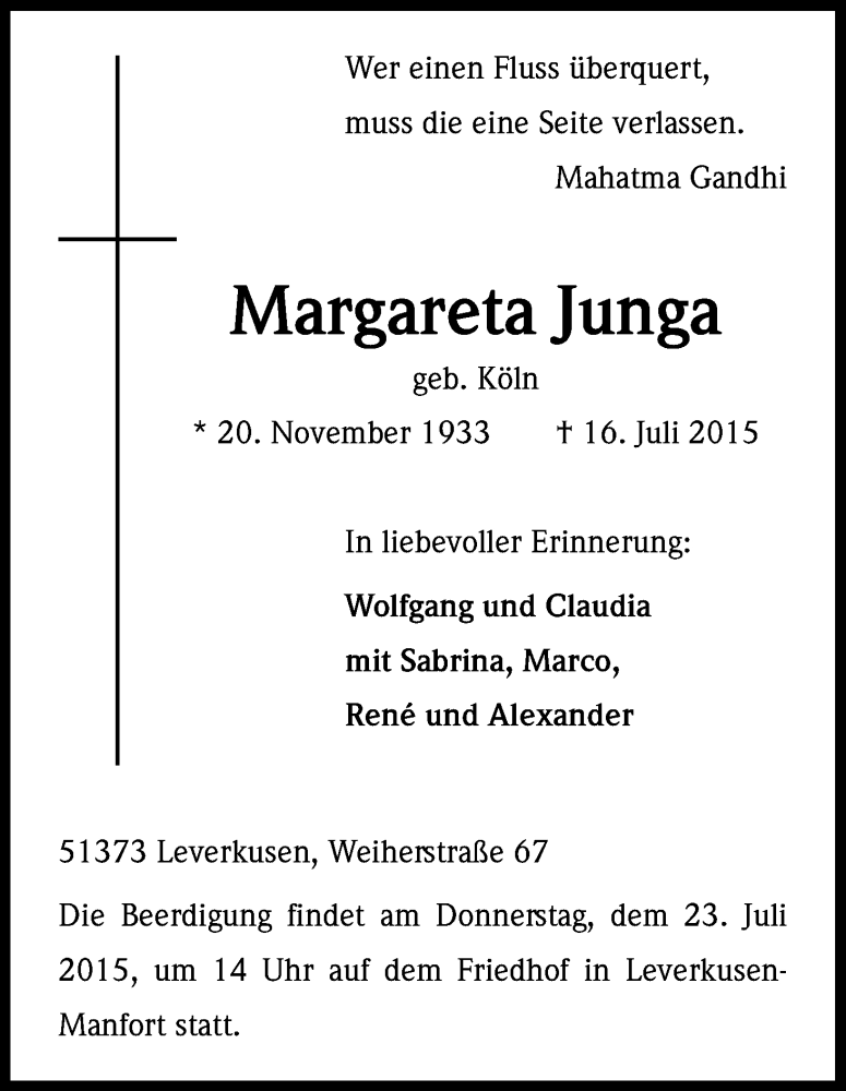  Traueranzeige für Margareta Junga vom 21.07.2015 aus Kölner Stadt-Anzeiger / Kölnische Rundschau / Express