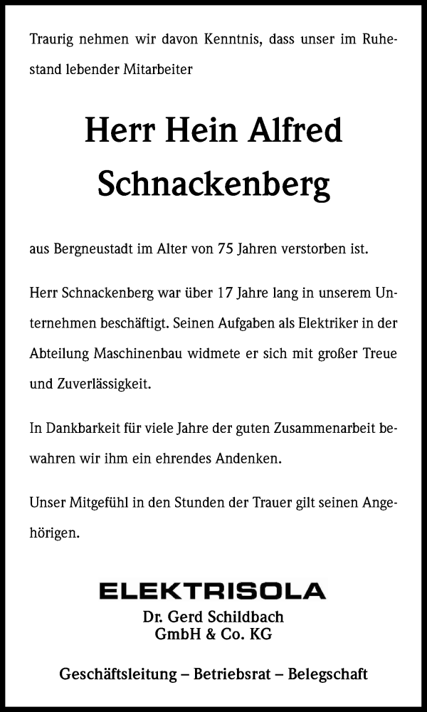  Traueranzeige für Hein Alfred Schnackenberg vom 15.04.2015 aus Kölner Stadt-Anzeiger / Kölnische Rundschau / Express