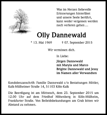 Anzeige von Olly Dannewald von Kölner Stadt-Anzeiger / Kölnische Rundschau / Express