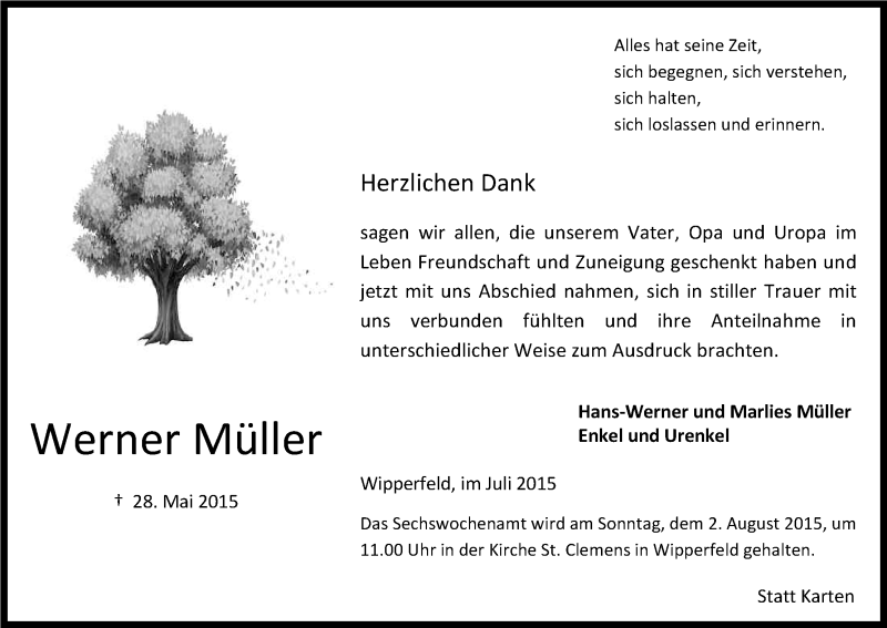  Traueranzeige für Werner Müller vom 25.07.2015 aus Kölner Stadt-Anzeiger / Kölnische Rundschau / Express