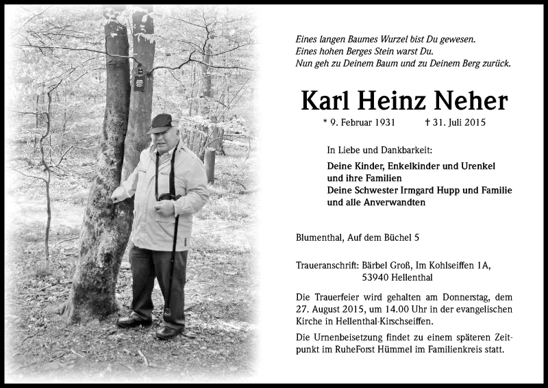  Traueranzeige für Karl Heinz Neher vom 22.08.2015 aus Kölner Stadt-Anzeiger / Kölnische Rundschau / Express