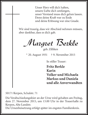 Anzeige von Margret Berkle von  Sonntags-Post 