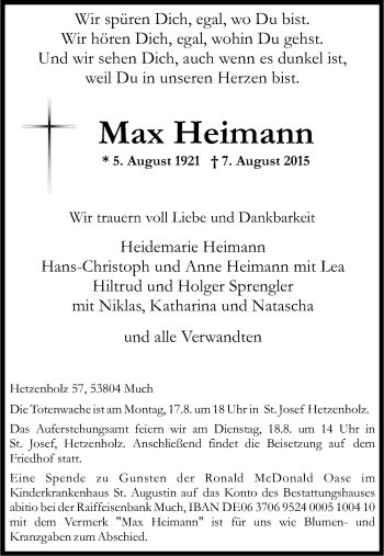 Anzeige von Max Heimann von Kölner Stadt-Anzeiger / Kölnische Rundschau / Express