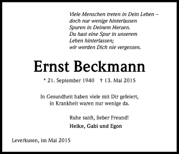 Anzeige von Ernst Beckmann von Kölner Stadt-Anzeiger / Kölnische Rundschau / Express