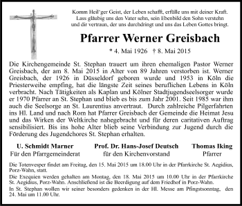 Anzeige von Werner Greisbach von Kölner Stadt-Anzeiger / Kölnische Rundschau / Express