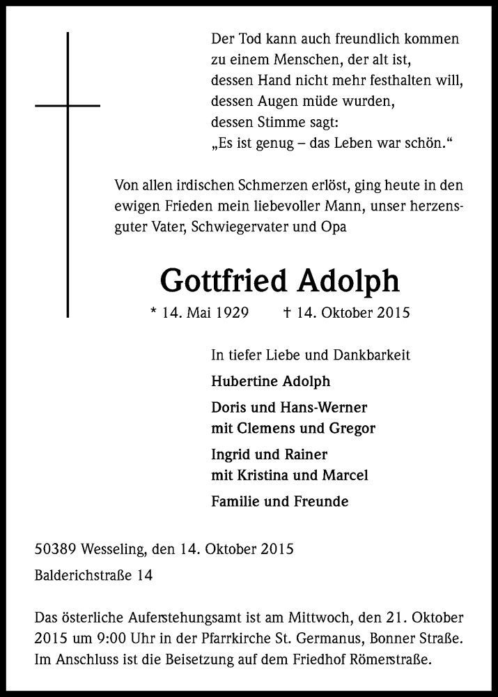  Traueranzeige für Gottfried Adolph vom 17.10.2015 aus Kölner Stadt-Anzeiger / Kölnische Rundschau / Express