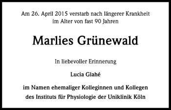 Anzeige von Marlies Grünewald von Kölner Stadt-Anzeiger / Kölnische Rundschau / Express
