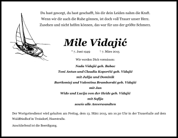 Anzeige von Mile Vidajic von Kölner Stadt-Anzeiger / Kölnische Rundschau / Express