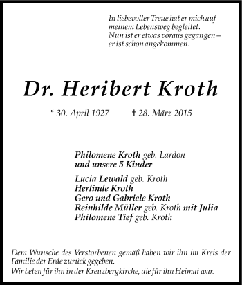 Anzeige von Heribert Kroth von Kölner Stadt-Anzeiger / Kölnische Rundschau / Express