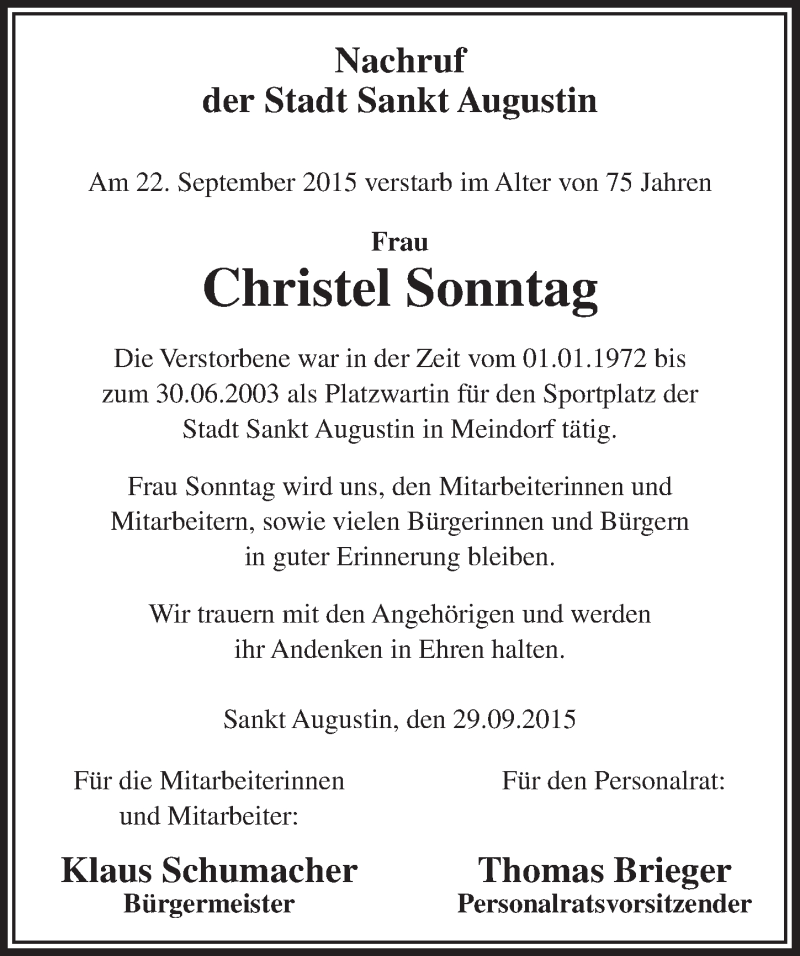  Traueranzeige für Christel Sonntag vom 14.10.2015 aus  Extra Blatt 
