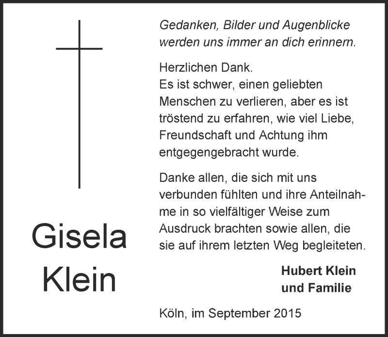  Traueranzeige für Gisela Klein vom 02.09.2015 aus  Kölner Wochenspiegel 