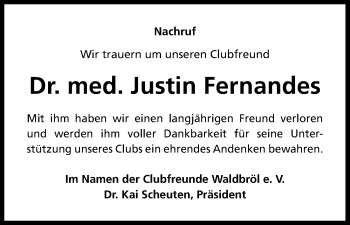 Anzeige von Justin Fernandes von Kölner Stadt-Anzeiger / Kölnische Rundschau / Express