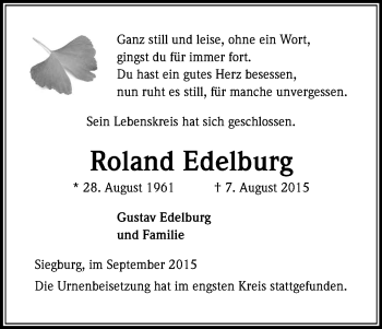 Anzeige von Roland Edelburg von Kölner Stadt-Anzeiger / Kölnische Rundschau / Express