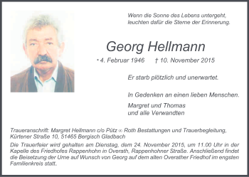 Anzeige von Georg Hellmann von Kölner Stadt-Anzeiger / Kölnische Rundschau / Express