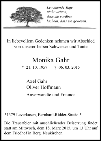 Anzeige von Monika Gahr von Kölner Stadt-Anzeiger / Kölnische Rundschau / Express
