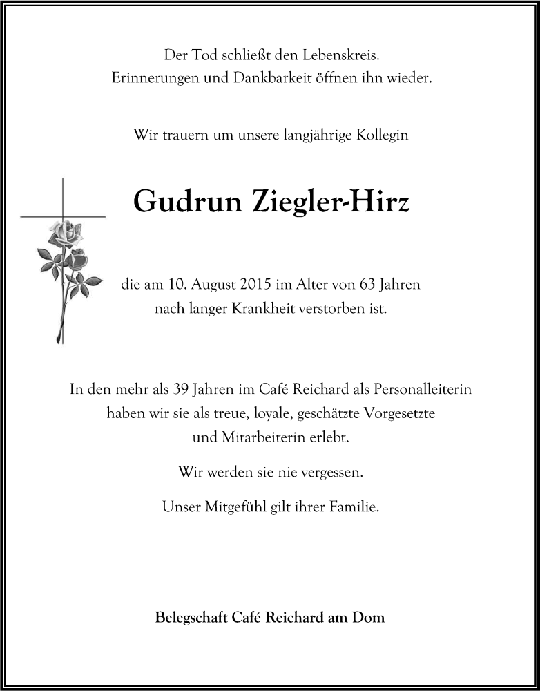  Traueranzeige für Gudrun Ziegler-Hirz vom 15.08.2015 aus Kölner Stadt-Anzeiger / Kölnische Rundschau / Express