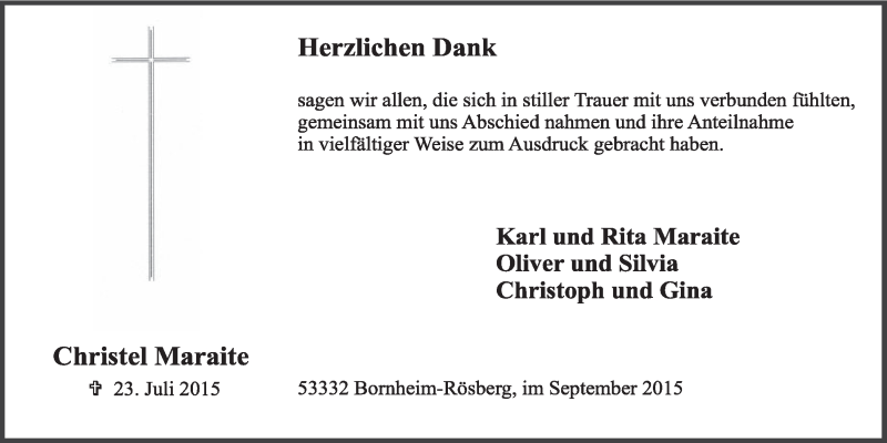  Traueranzeige für Christel Maraite vom 09.09.2015 aus  Schlossbote/Werbekurier 