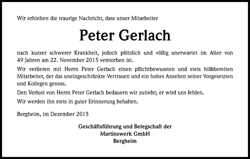  Traueranzeige für Peter Gerlach vom 05.12.2015 aus Kölner Stadt-Anzeiger / Kölnische Rundschau / Express
