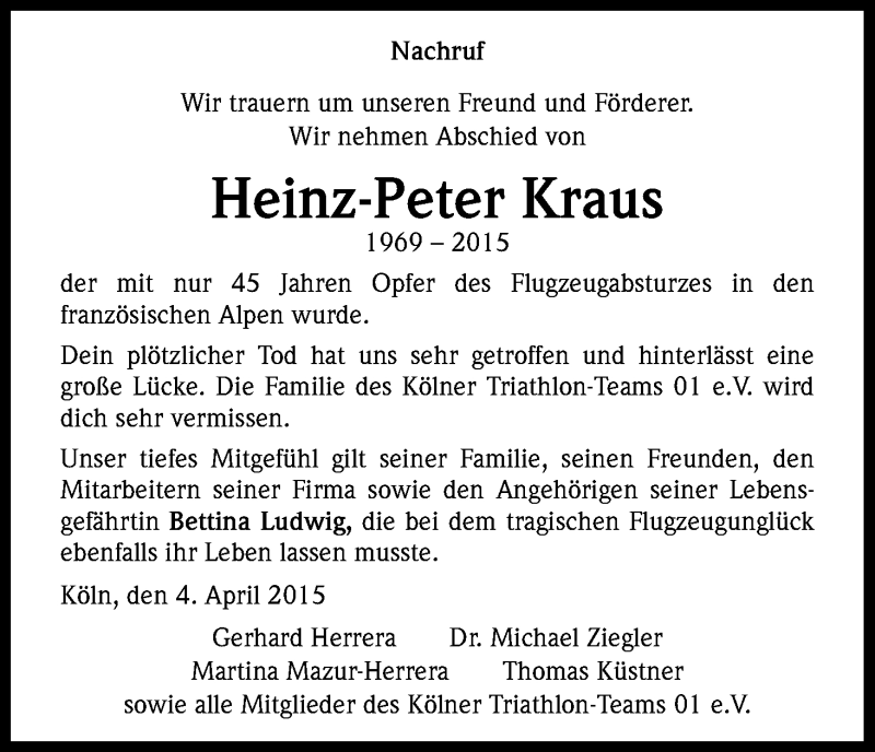  Traueranzeige für Heinz-Peter Kraus vom 04.04.2015 aus Kölner Stadt-Anzeiger / Kölnische Rundschau / Express